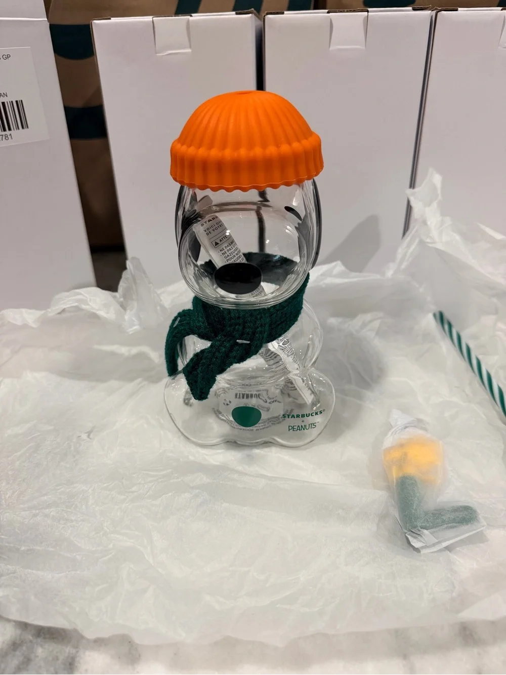 Starbucks Clear Bear-Shaped Drink Bottle with Orange Lid and Green Straw